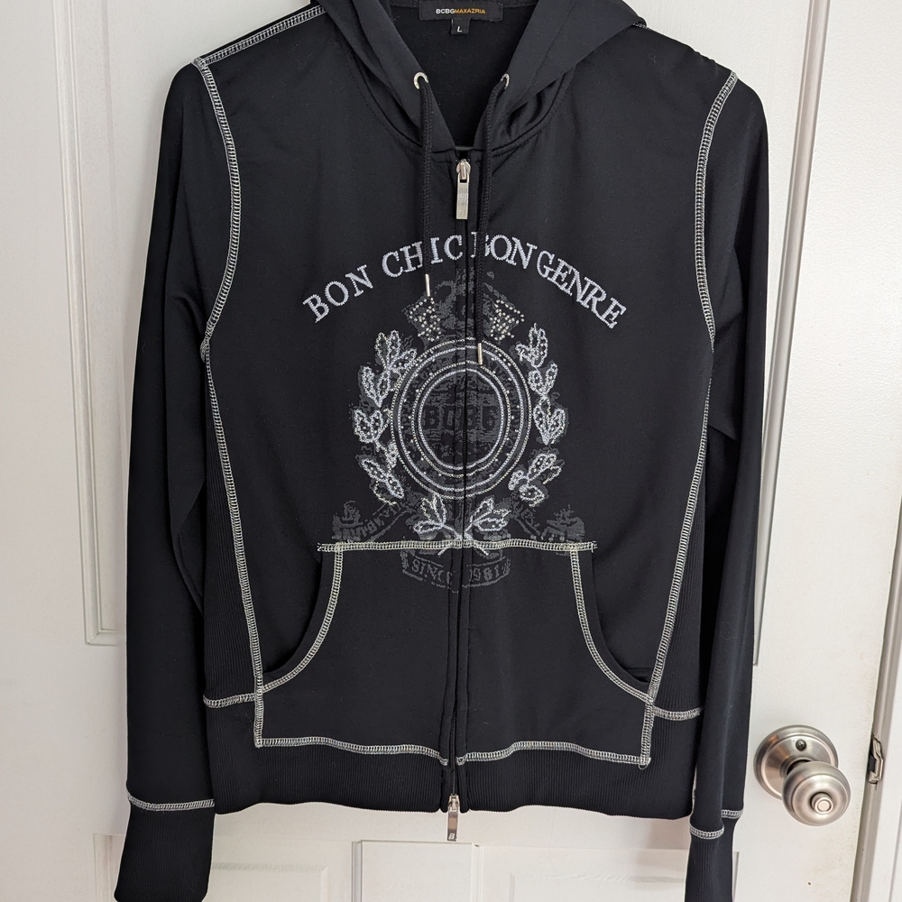 BCBGMaxAzria Black With White Embroidery Hoodie Sweater Size Large
